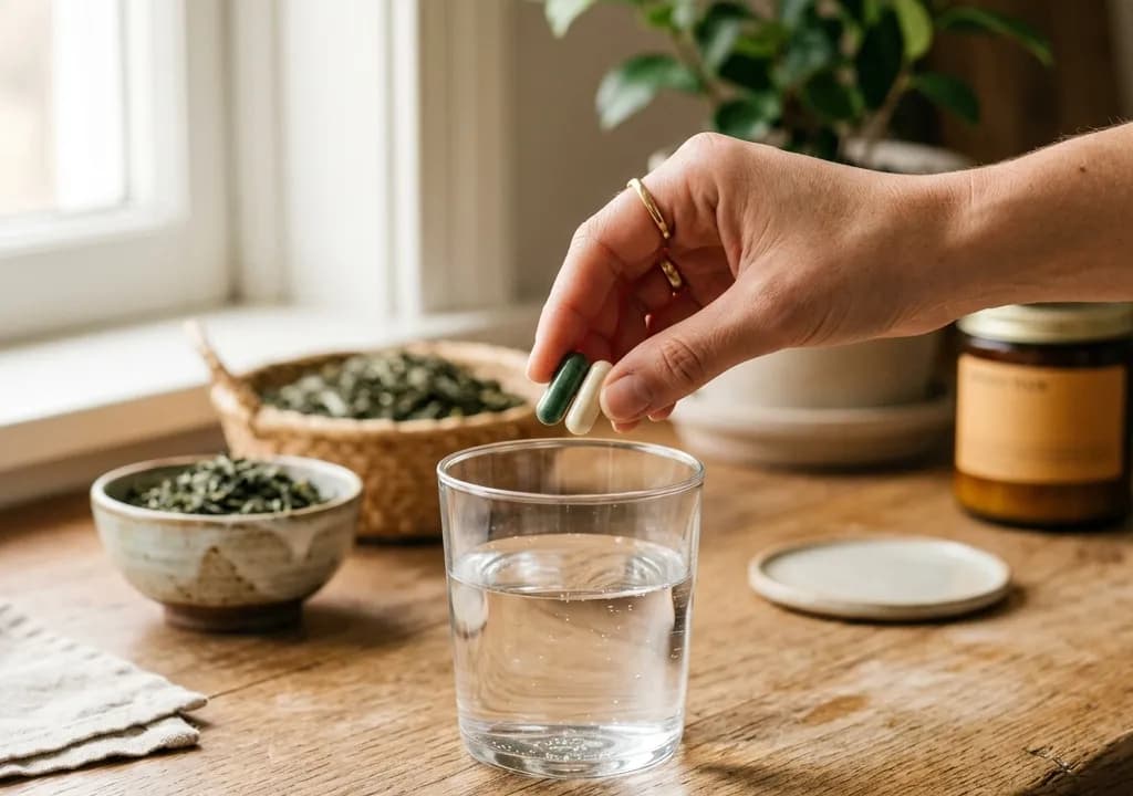 Prise quotidienne de Brulagène : gélules d'extrait de thé vert avec un verre d'eau