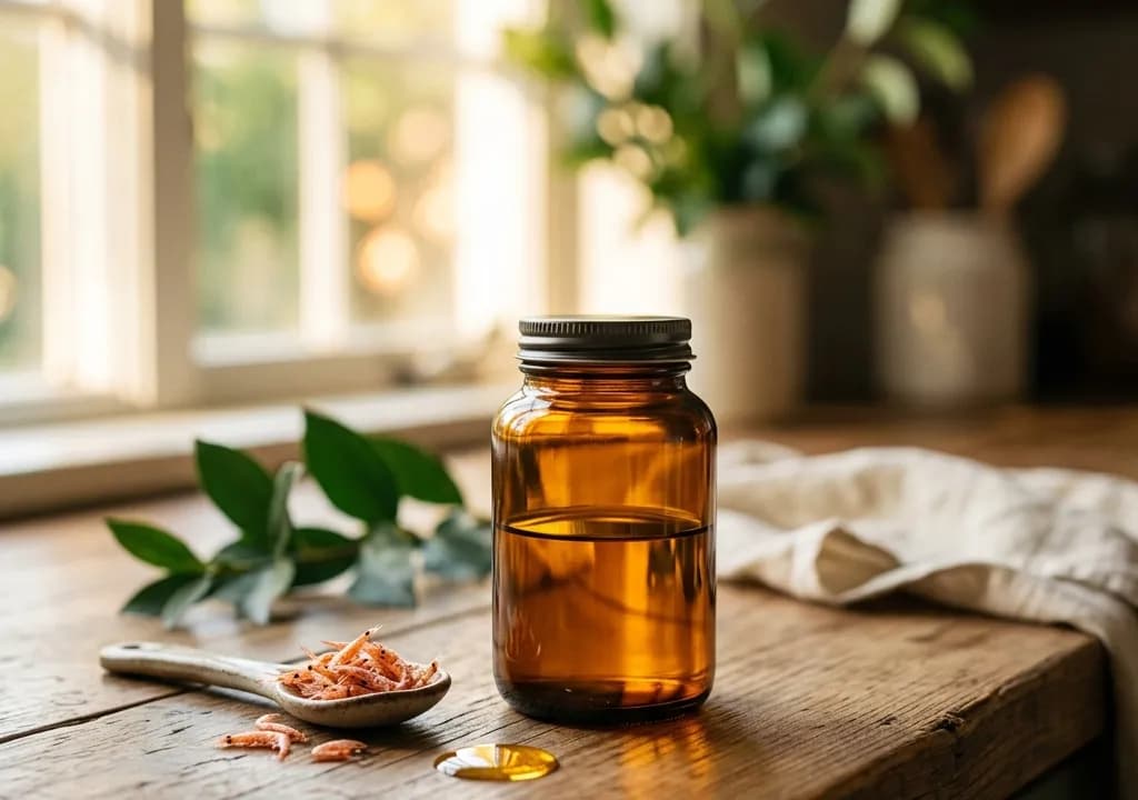 Huile de Krill dans son décor — ingrédients naturels associés à la formule