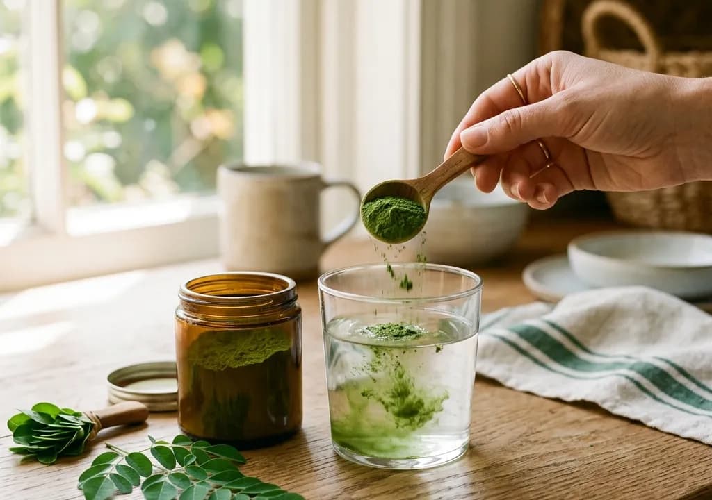 Moringa 100% Bio en poudre — prise quotidienne diluée dans un verre d'eau