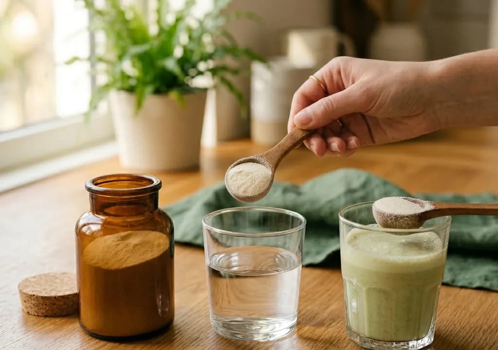 Peptides de Collagène Hydrolysé en poudre — prise quotidienne diluée dans un verre d'eau
