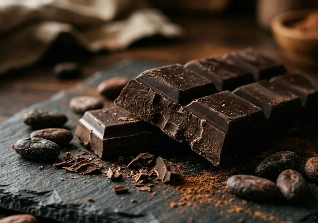 Tablette de chocolat noir brisée sur fond de bois sombre, éclairage dramatique