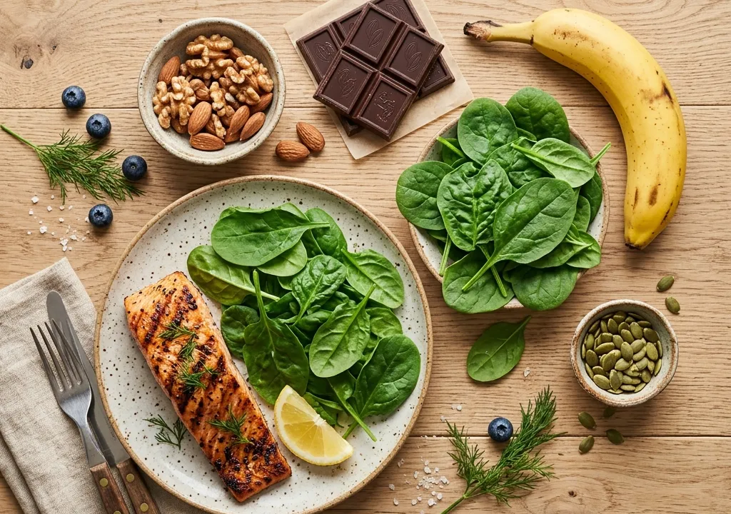 Assortiment d'aliments anti-déprime — noix, chocolat noir, saumon, épinards, banane — sur fond bois clair