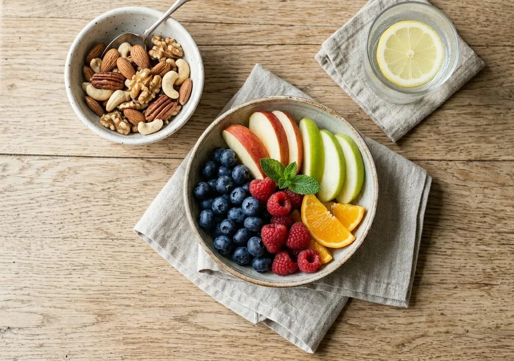 Collation équilibrée composée de noix, amandes, fruits frais et yaourt sur une table en bois