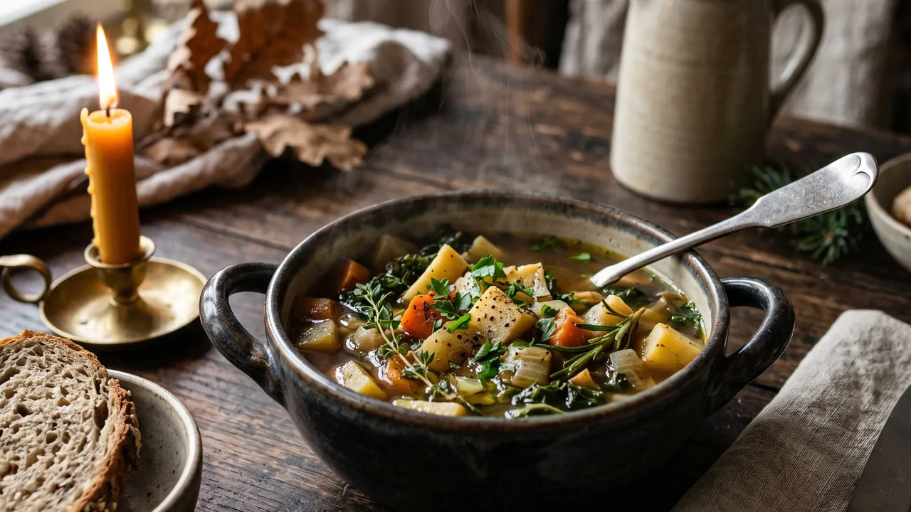 Plat de soupe chaude fumante avec légumes d'hiver, fond de table sombre et atmosphère cosy hivernale