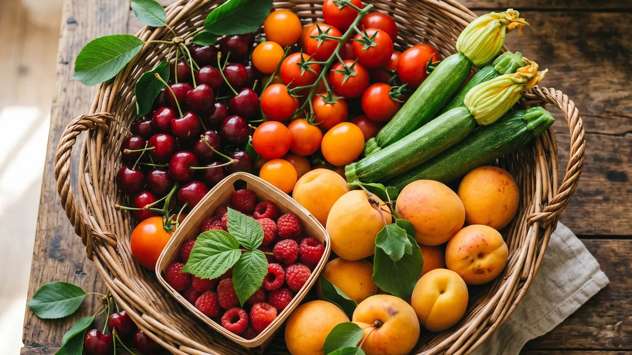 Panier de fruits et légumes d'été colorés sur une table en bois : cerises, tomates, courgettes, framboises