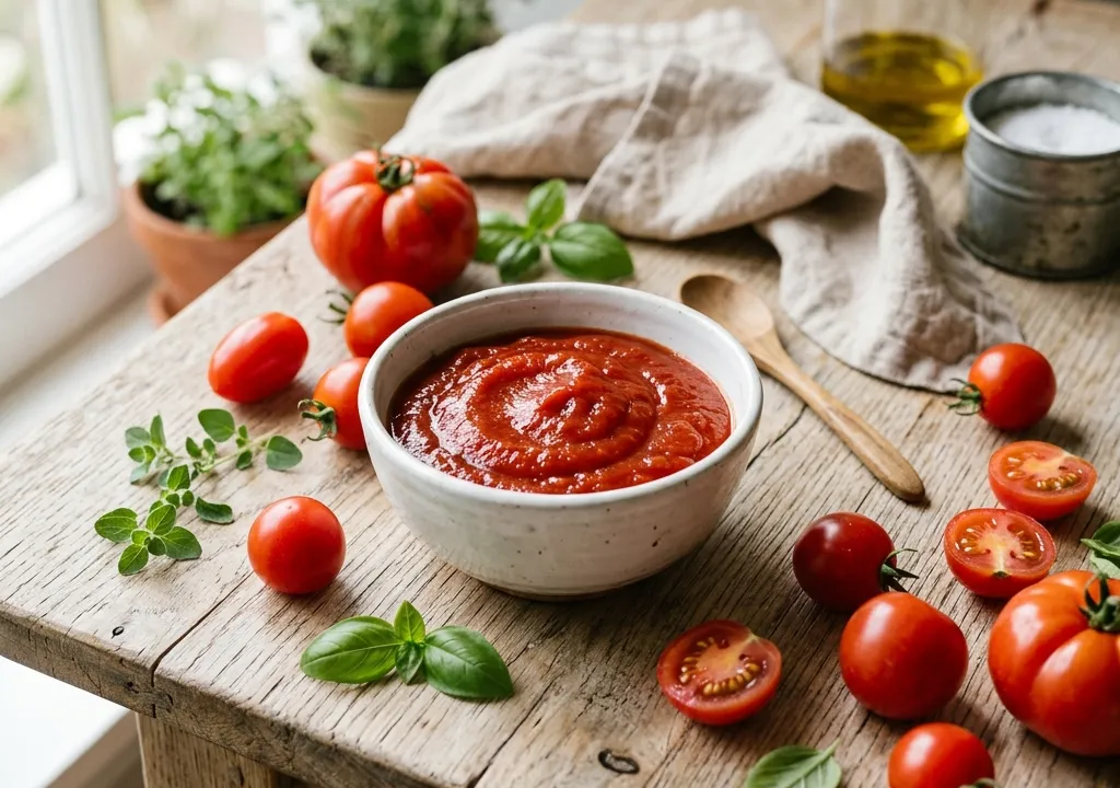 Petit bol en céramique blanche rempli de ketchup, à côté de tomates fraîches sur une table en bois