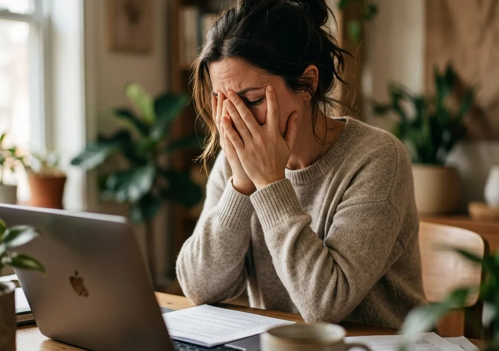 Femme assise à un bureau, tête entre les mains, devant un ordinateur portable, ambiance feutrée