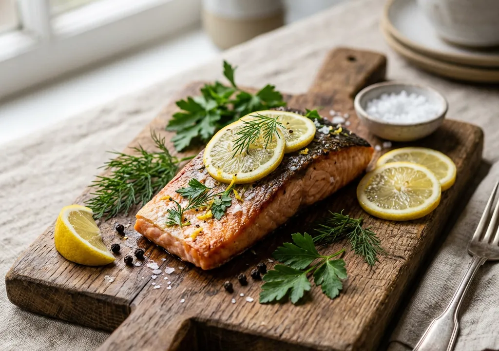 Filet de saumon frais avec citron et herbes sur planche en bois, lumière naturelle