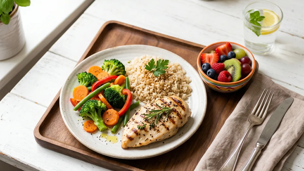 Plateau repas équilibré coloré avec légumes, protéines et féculents, préparation rapide en cuisine