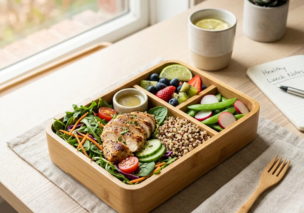 Boîte repas équilibrée avec salade, protéines et féculents colorés posée sur un bureau, lumière naturelle