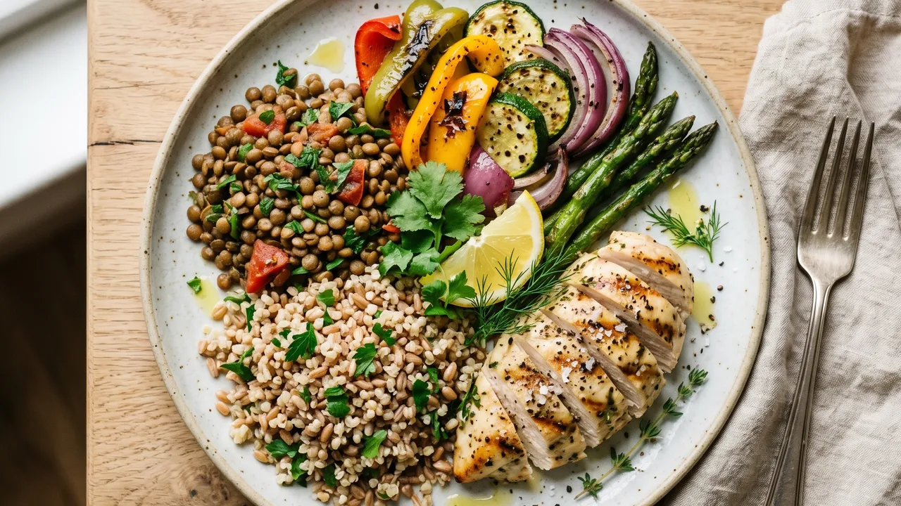 Assiette équilibrée colorée avec légumes, protéines et céréales complètes, table naturelle lumineuse