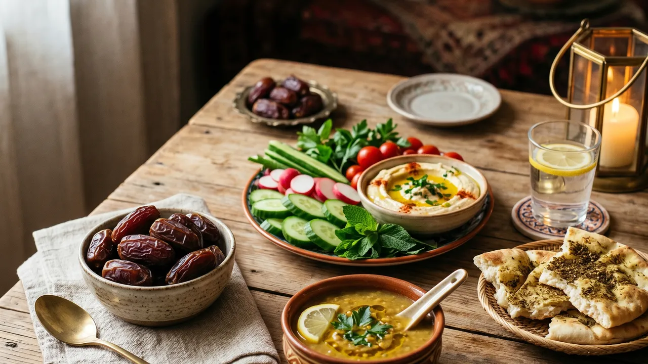 Table de rupture du jeûne avec dattes, soupe, légumes colorés et eau, ambiance chaleureuse