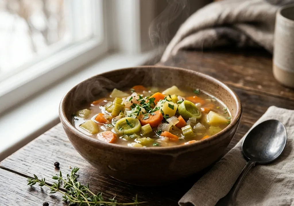 Bol de soupe de légumes fumante sur une table en bois rustique avec des herbes fraîches autour, lumière hivernale douce